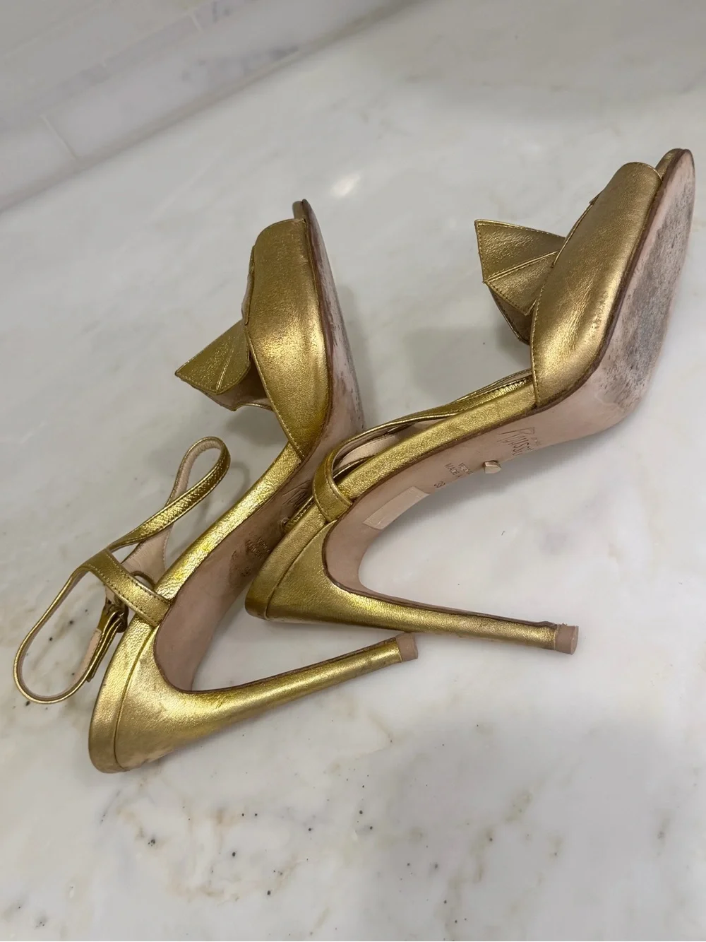 Jerome C. Rousseau gold leather peep-toe sandals